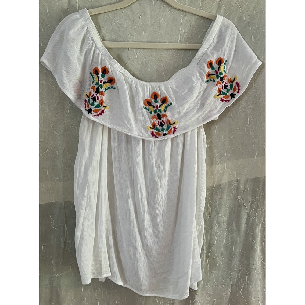 Peasant Top Blouse Large White Embroidered Off Shoulder Rayon Aztec Boho Gauzy - Picture 2 of 8
